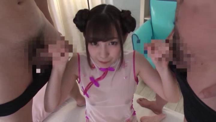 Awesome Glamorous Japanese teen gal Mitani Akari fucked by two lewd guys - 1