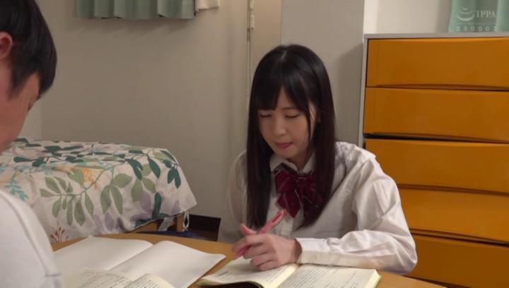 Awesome Japanese schoolgirl plays with cock during study - 1