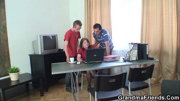Granny and boys teen threesome in the office - 1