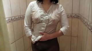 Student Girl in a white blouse, in black pantyhose masturbates in the shower to orgasm. Blow Jobs Porn