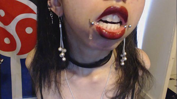 Goth with Red Lipstick Drools a Whole Lot and Blows Spit Bubbles at You - Spit and Saliva and Lipstick Fetish - 1