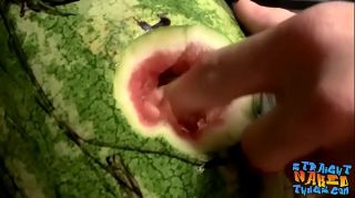 Funk Straight inked guys fuck watermelons until cumming Tied
