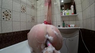 Ex Gf Lesbian fucks mature milf in the shower, a bottle in a hairy pussy and shaking big booty in soapy foam. POV. Porno 18