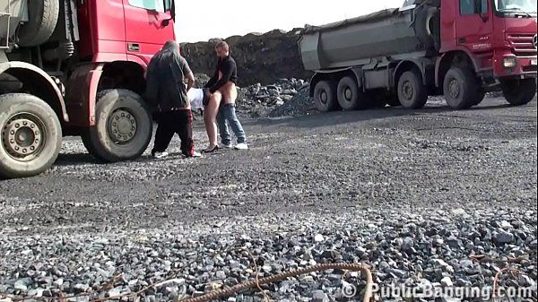 Public gangbang threesome sex orgy at a construction site with a cute blonde teen girl with nice perky tits and 2 hung guys with big dicks shoving their cocks in her mouth deep throat blowjob act and vaginal intercourse fucking her young tight wet pussy - 2