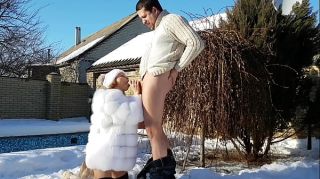 Teen Hot fuck in the cold snow: blowjob, reverse cowgirl, doggystyle and pussy creampie in the fur coat Eng Sub