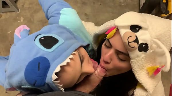 Hot Latinas in onesies give blowjob - 1