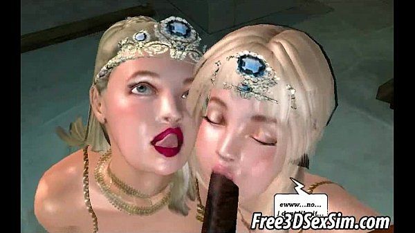 Two sexy 3D cartoon blondes sucking on a black cock - 2