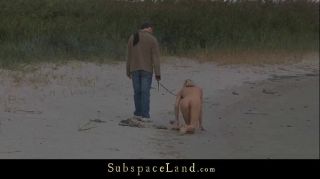 Massage Leashed slave walked as pet on the beach SpicyTranny
