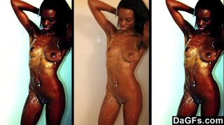 Double Blowjob Dagfs - Skinny Ebony Caught While She Takes A Shower And Masturbates For The Camera Defloration