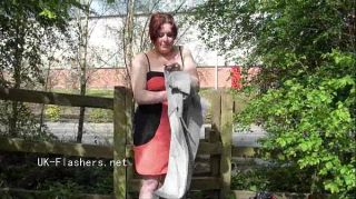 Bigbooty Public masturbation and flashing of british redhead Isabel Dean exposing pussy Clothed
